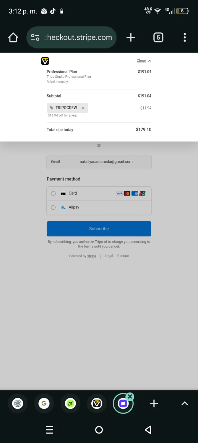 Tripo AI promo code screenshot showing code TRIPOCREW applied at Tripo AI checkout page. Uploaded by SimplyCodes community member Eltoro20 on Dec 25, 2025