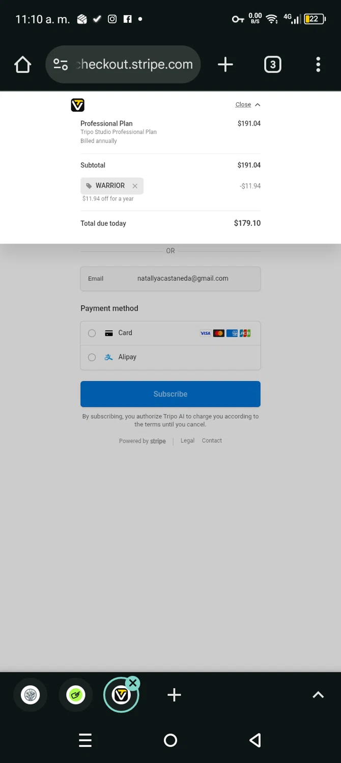Tripo AI promo code screenshot showing code Warrior applied at Tripo AI checkout page. Uploaded by SimplyCodes community member Eltoro20 on Dec 25, 2025