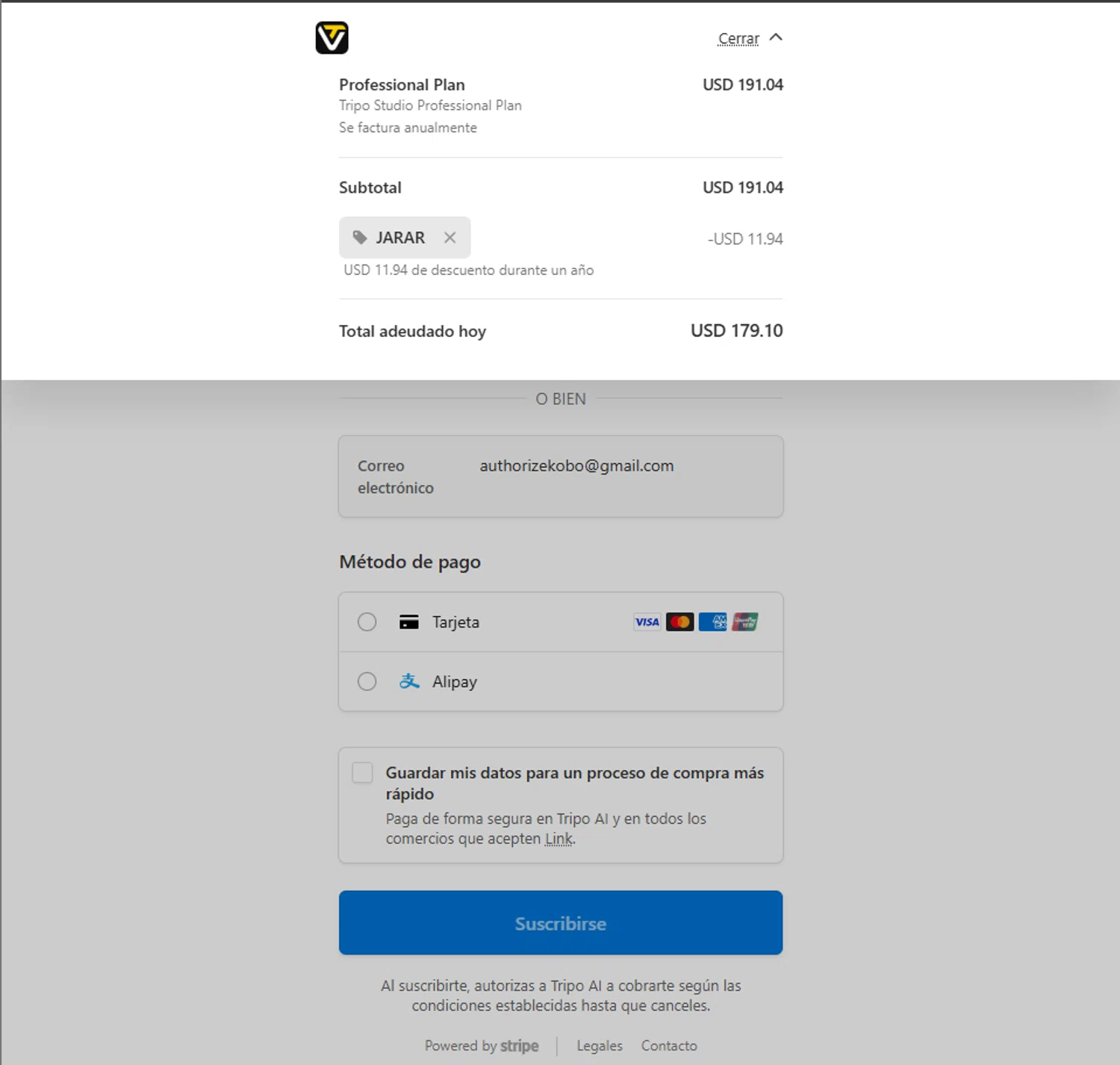 Tripo AI promo code screenshot showing code JARAR applied at Tripo AI checkout page. Uploaded by SimplyCodes community member PillarsofCreation on Nov 18, 2025