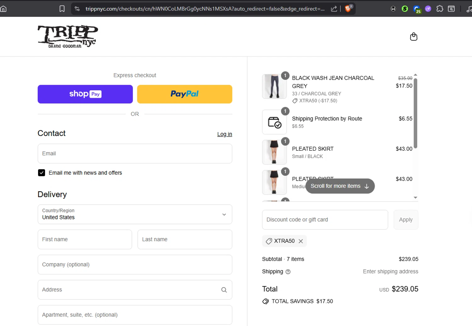 Tripp NYC discount code screenshot showing code XTRA50 applied at Tripp NYC checkout page. Uploaded by SimplyCodes community member Jmhernand1 on Jul 3, 2025