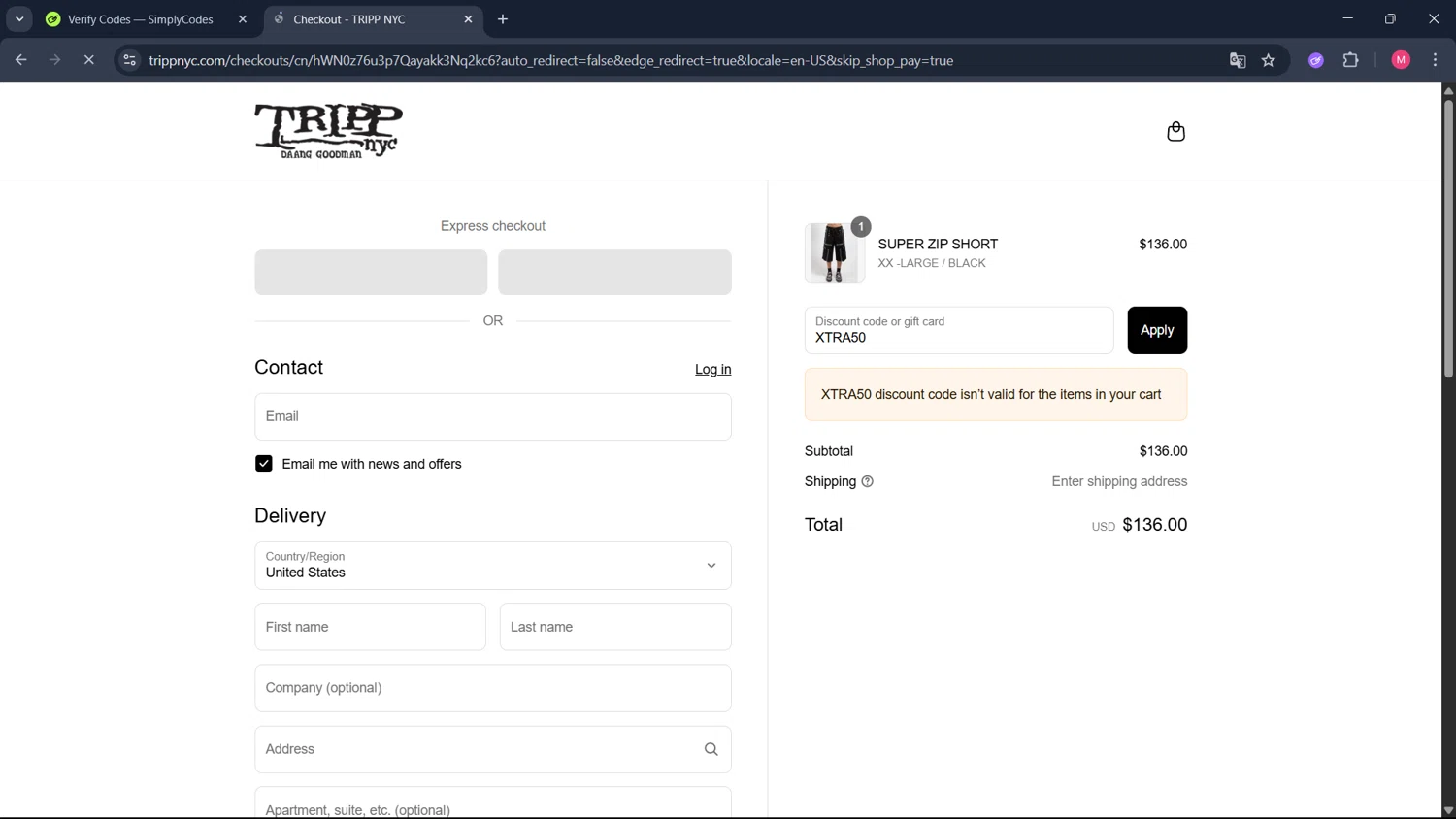 Tripp NYC discount code screenshot showing code XTRA50 applied at Tripp NYC checkout page. Uploaded by SimplyCodes community member ValueCollector4159 on Jul 24, 2025