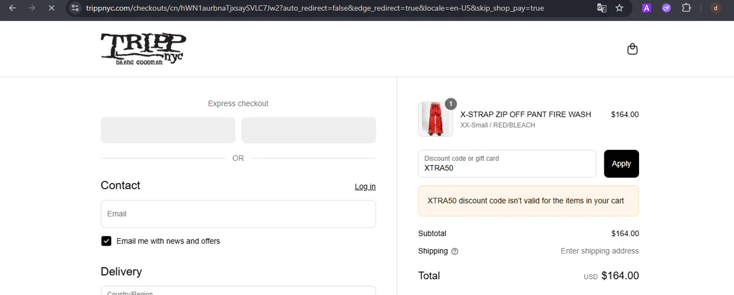 Tripp NYC discount code screenshot showing code XTRA50 applied at Tripp NYC checkout page. Uploaded by SimplyCodes community member VoucherSpotter9376 on Aug 9, 2025