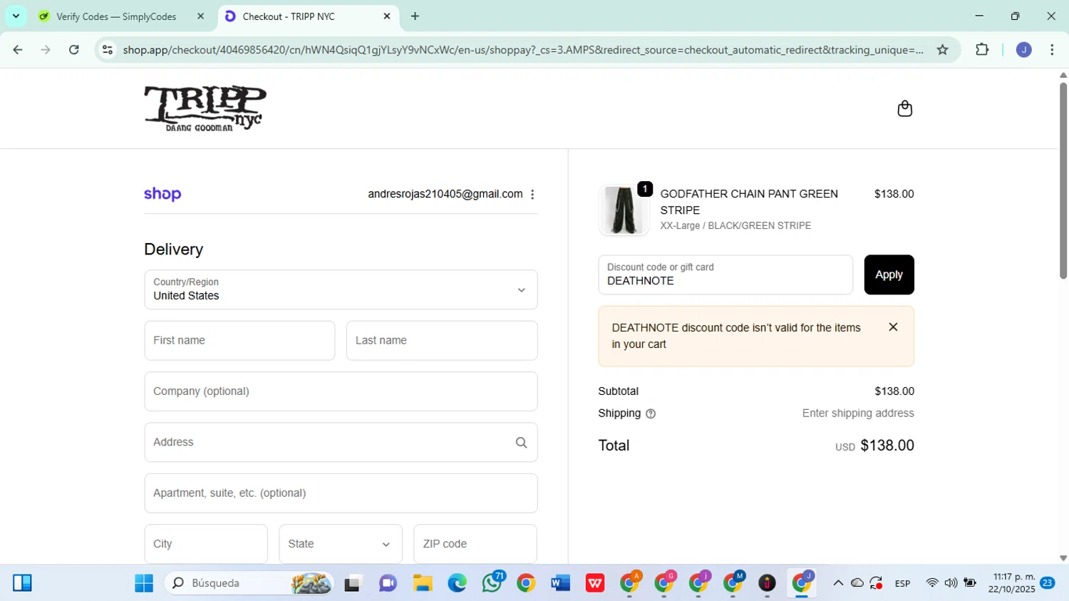 Tripp NYC discount code screenshot showing code DEATHNOTE applied at Tripp NYC checkout page. Uploaded by SimplyCodes community member DiscountSleuth6807 on Oct 23, 2025