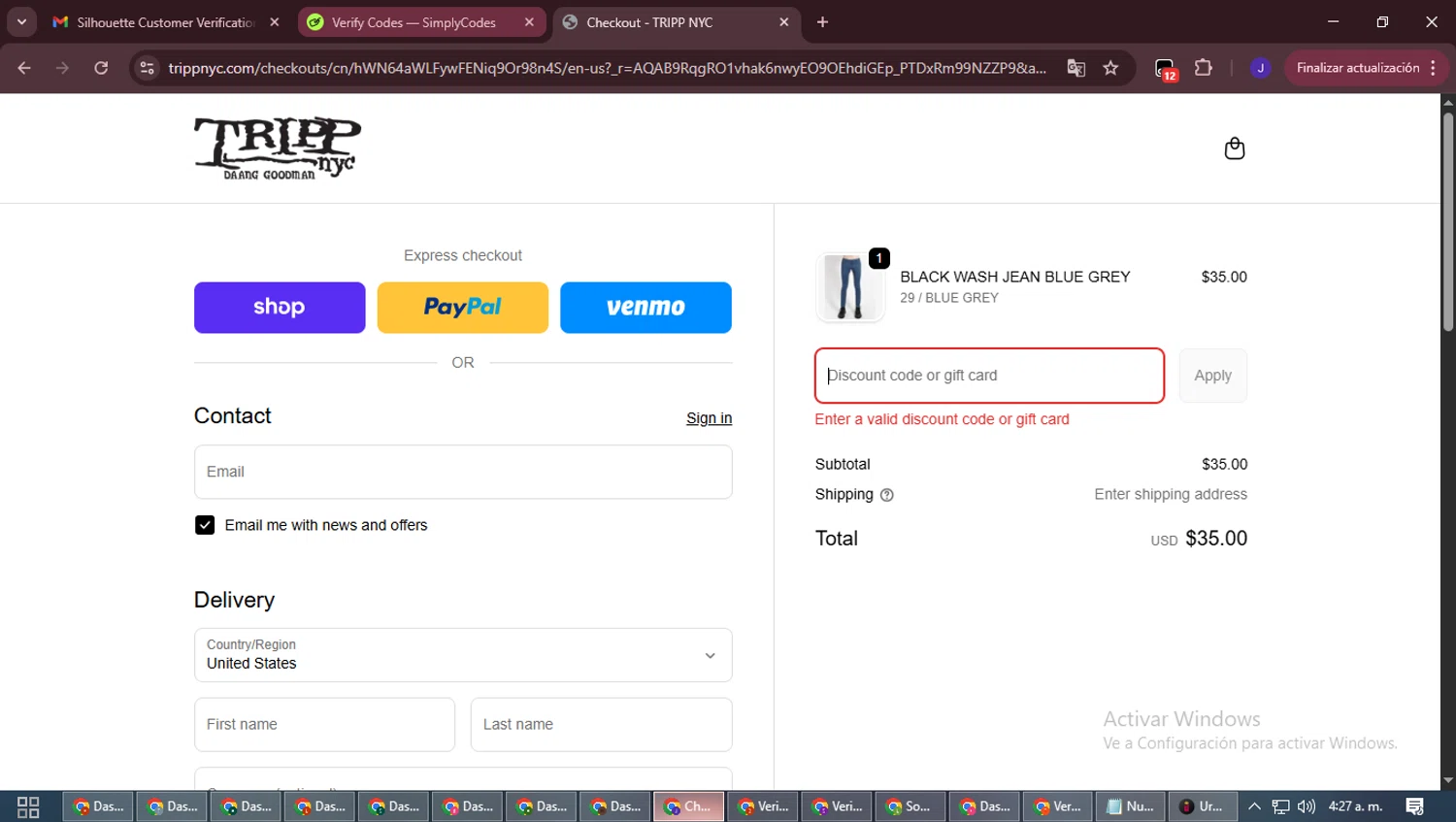 Tripp NYC discount code screenshot showing code 20TRIPP applied at Tripp NYC checkout page. Uploaded by SimplyCodes community member LegendaryLegend9872 on Dec 5, 2025