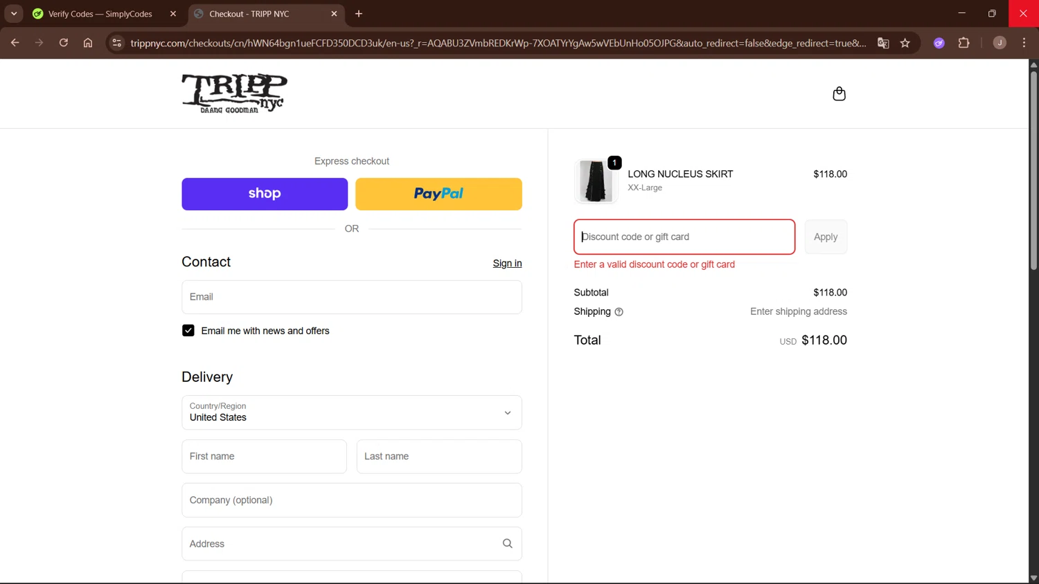 Tripp NYC discount code screenshot showing code 20TRIPP applied at Tripp NYC checkout page. Uploaded by SimplyCodes community member WisePro3955 on Dec 5, 2025