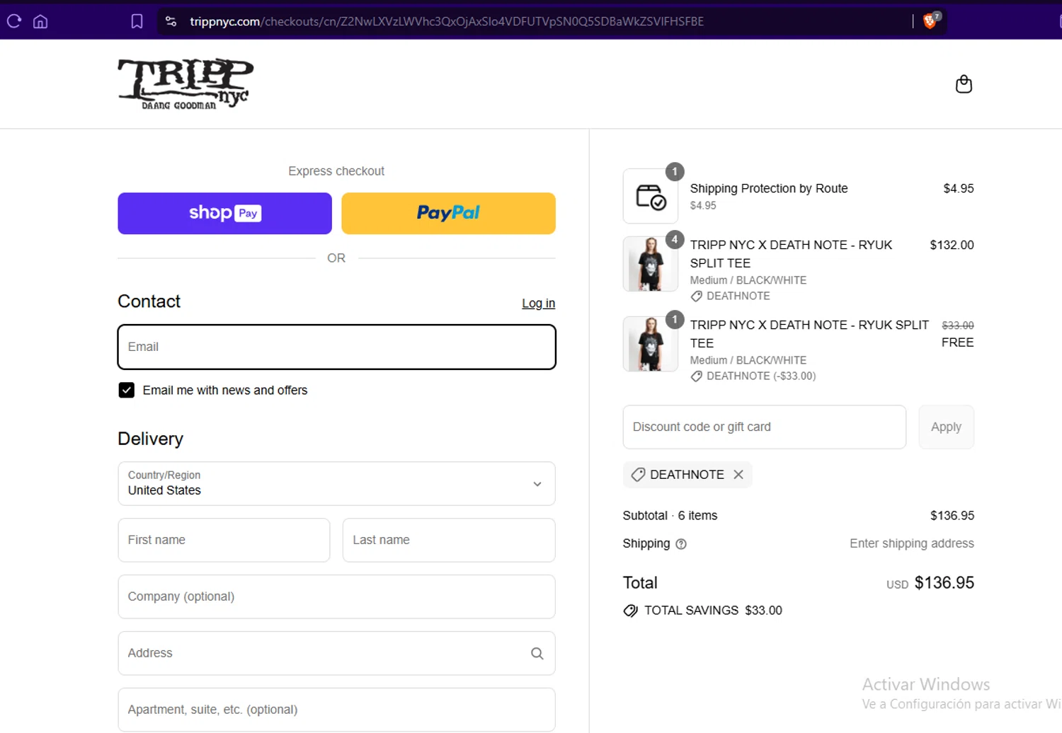 Tripp NYC discount code screenshot showing code DEATHNOTE applied at Tripp NYC checkout page. Uploaded by SimplyCodes community member Jmhernand1 on Jul 3, 2025