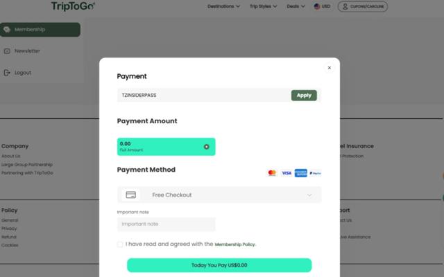 TripToGo checkout page showing TripToGo coupon code box | Screenshot taken by SimplyCodes community member on Jul 18, 2025