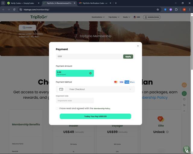 TripToGo checkout page showing TripToGo coupon code box | Screenshot taken by SimplyCodes community member on May 28, 2025