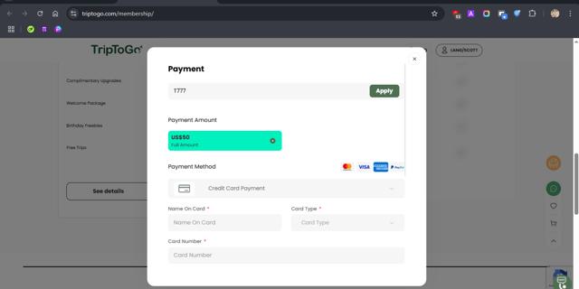 TripToGo checkout page showing TripToGo coupon code box | Screenshot taken by SimplyCodes community member on Jul 18, 2025