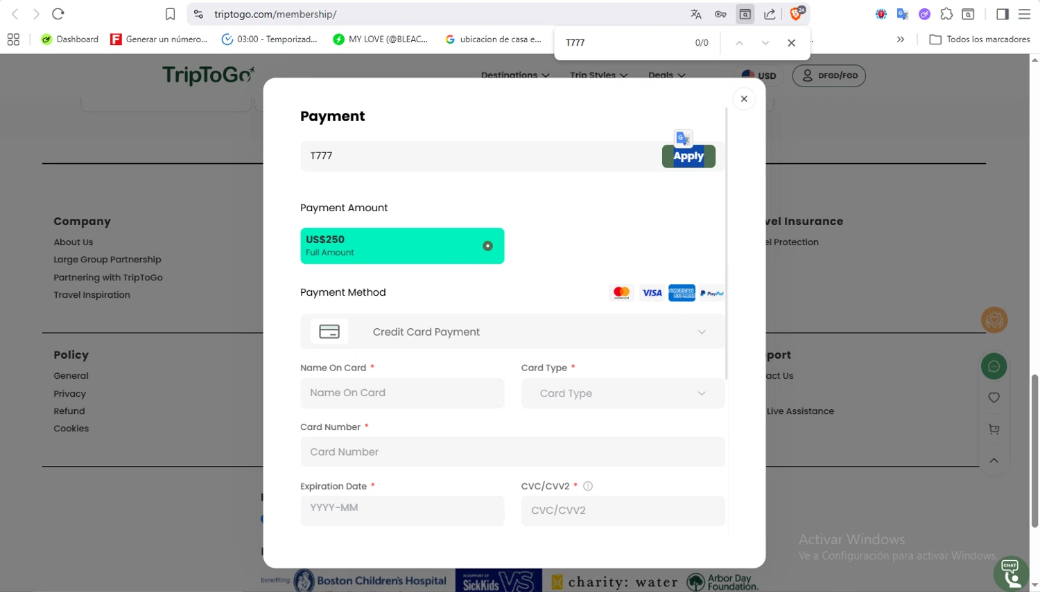 TripToGo promo code screenshot showing code T777 applied at TripToGo checkout page. Uploaded by SimplyCodes community member VoucherFalcon3942 on Jan 28, 2026