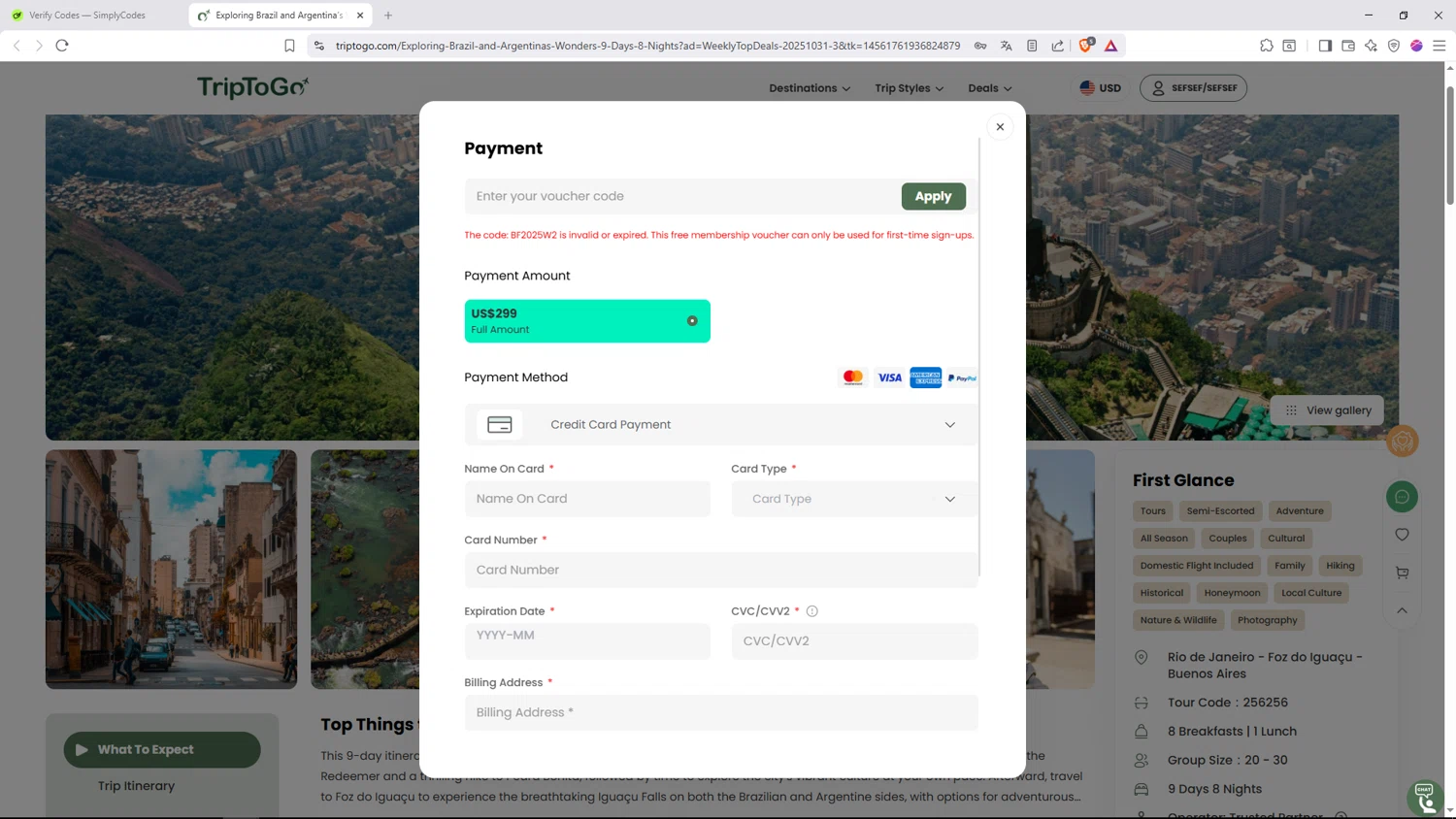 TripToGo promo code screenshot showing code BF2025W2 applied at TripToGo checkout page. Uploaded by SimplyCodes community member Alaia2026 on Dec 29, 2025