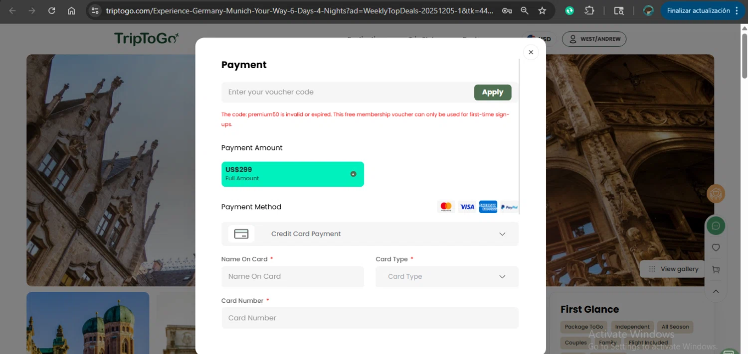 TripToGo promo code screenshot showing code premium50 applied at TripToGo checkout page. Uploaded by SimplyCodes community member MariaCorinaMachado on Dec 17, 2025