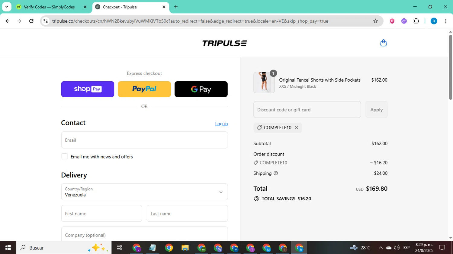 Tripulse promo code screenshot showing code Complete10 applied at Tripulse checkout page. Uploaded by SimplyCodes community member CodeShopper8605 on Aug 25, 2025