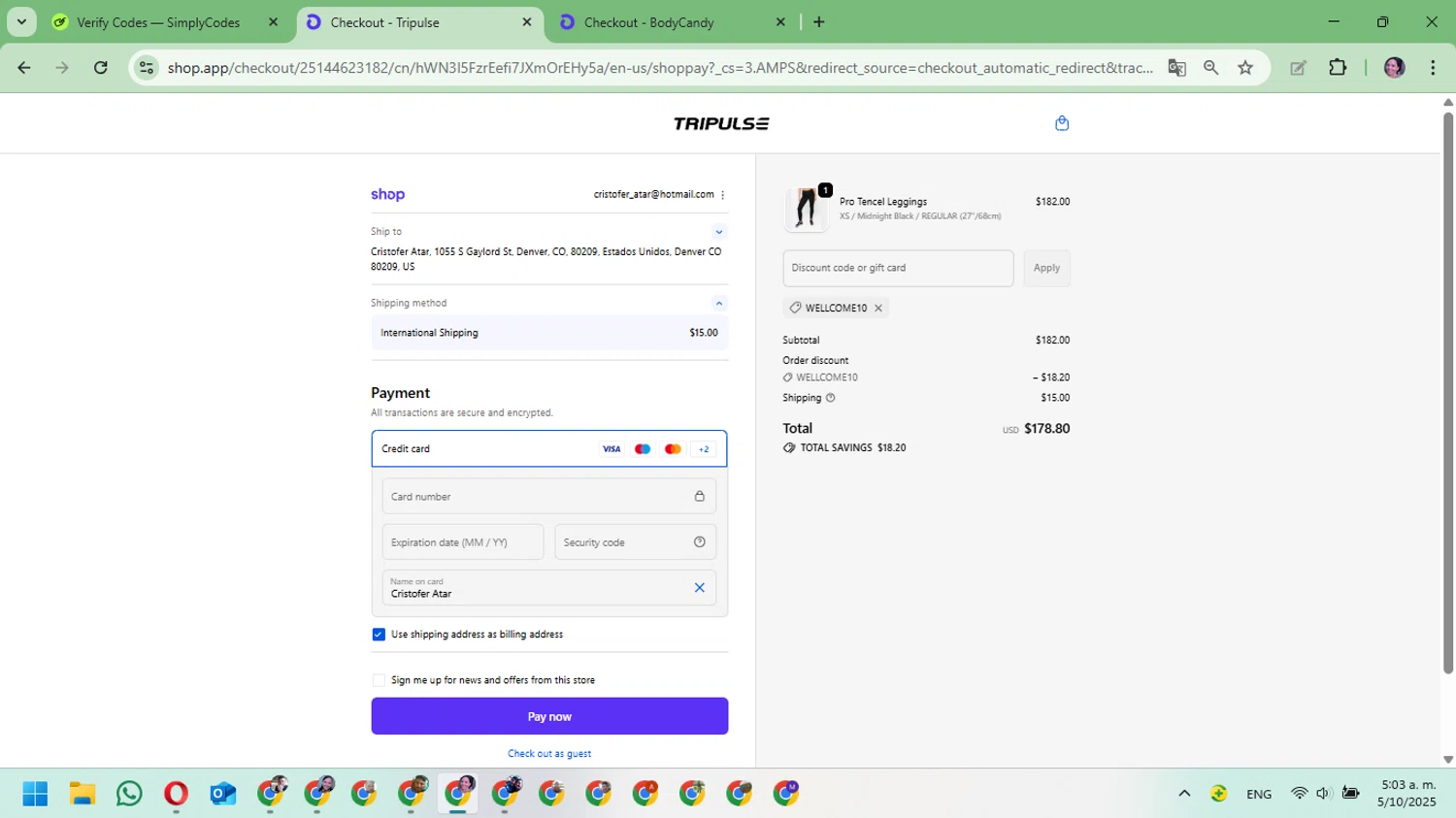 Tripulse promo code screenshot showing code wellcome10 applied at Tripulse checkout page. Uploaded by SimplyCodes community member Mari_perez on Oct 5, 2025