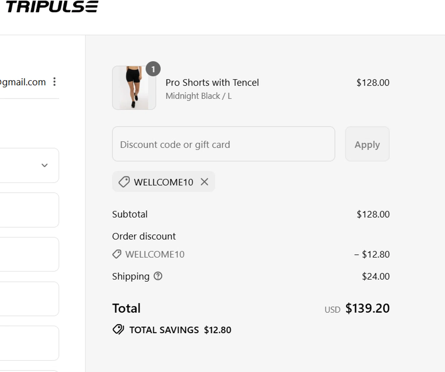 Tripulse promo code screenshot showing code wellcome10 applied at Tripulse checkout page. Uploaded by SimplyCodes community member steve_jeff on Aug 5, 2025