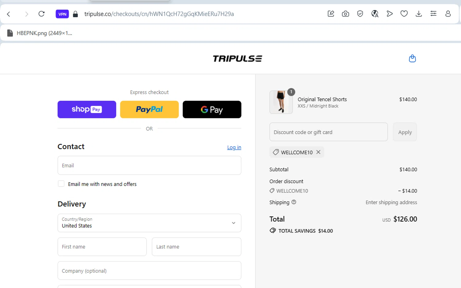 Tripulse promo code screenshot showing code wellcome10 applied at Tripulse checkout page. Uploaded by SimplyCodes community member ANABEL on Aug 4, 2025