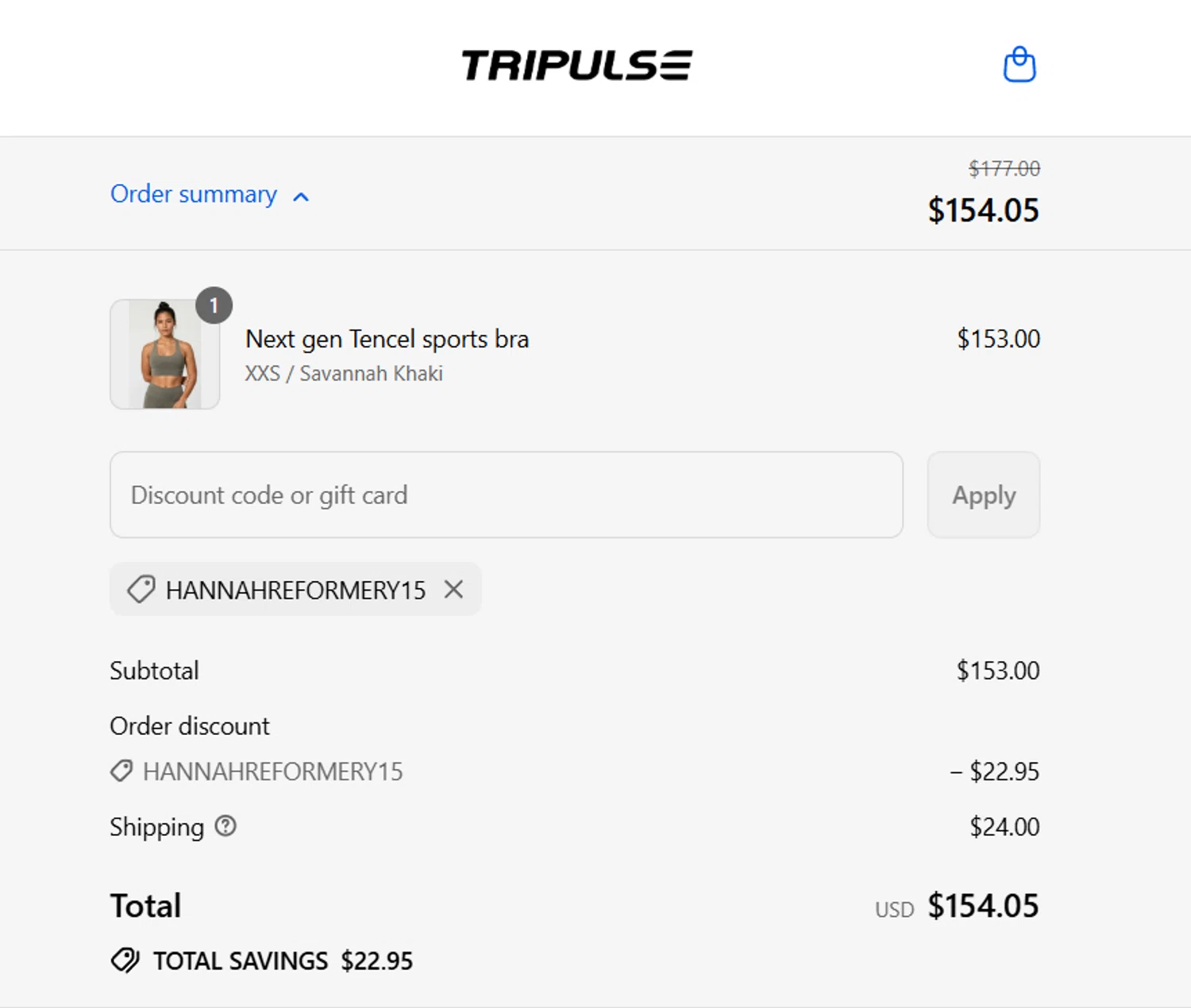 Tripulse promo code screenshot showing code HANNAHREFORMERY15 applied at Tripulse checkout page. Uploaded by SimplyCodes community member becomeaware on Sep 12, 2025
