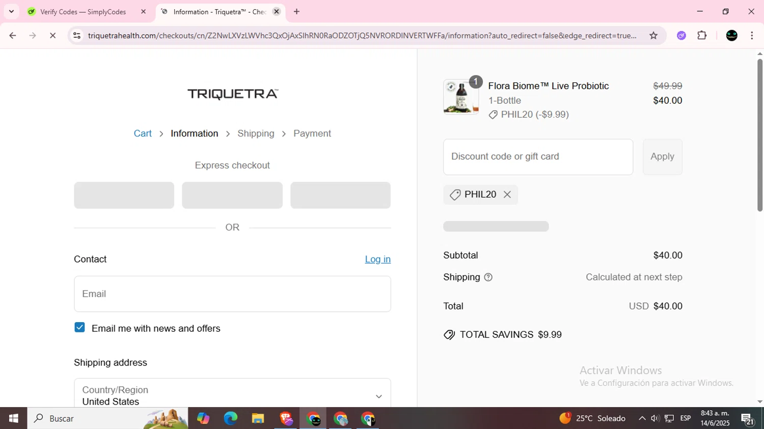 Triquetra Health discount code screenshot showing code PHIL20 applied at Triquetra Health checkout page. Uploaded by SimplyCodes community member BargainWizard5755 on Jun 14, 2025