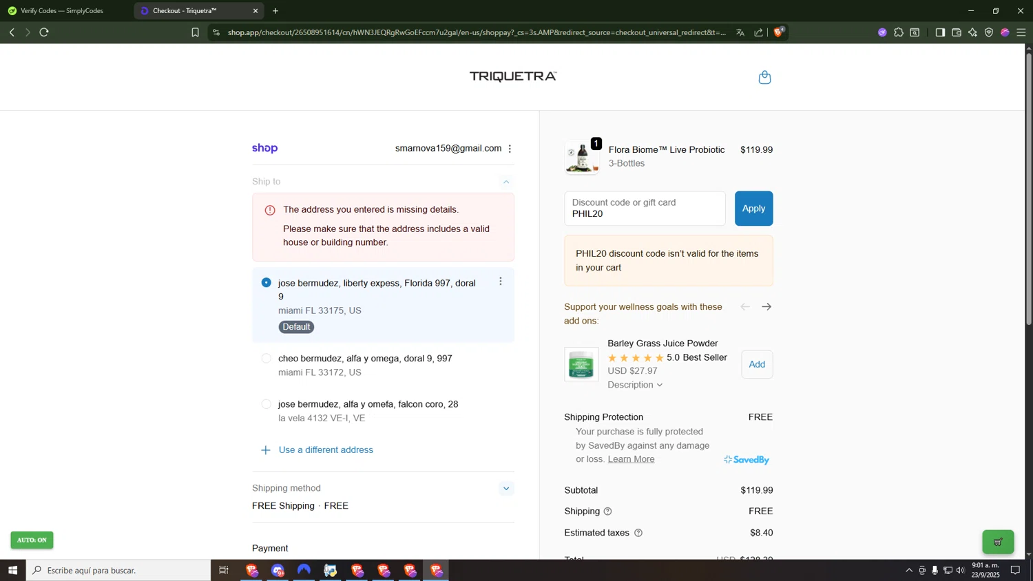 Triquetra Health discount code screenshot showing code PHIL20 applied at Triquetra Health checkout page. Uploaded by SimplyCodes community member diossanto0421 on Sep 23, 2025