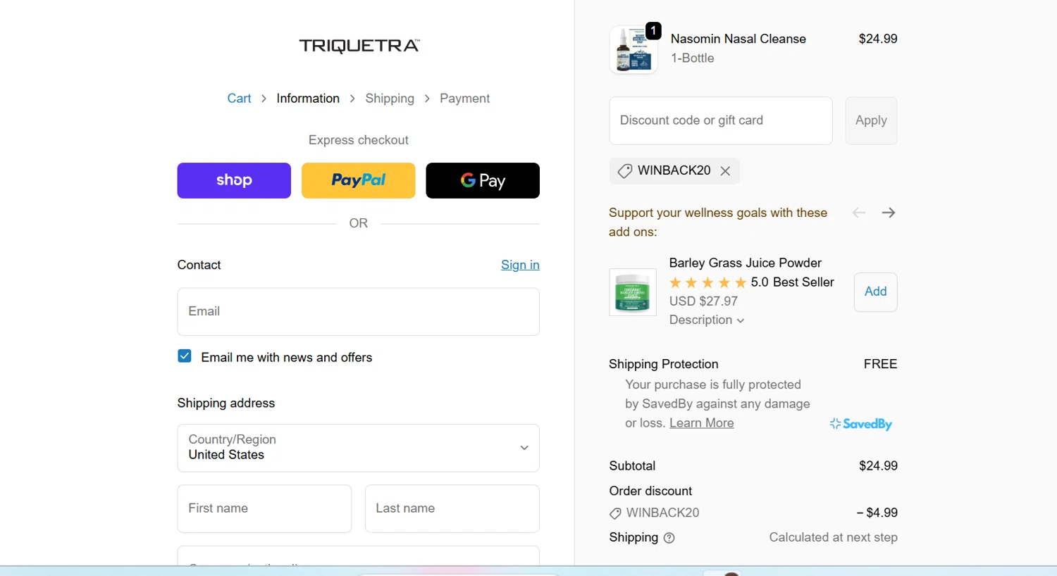 Triquetra Health discount code screenshot showing code WINBACK20 applied at Triquetra Health checkout page. Uploaded by SimplyCodes community member Frafid on Oct 9, 2025