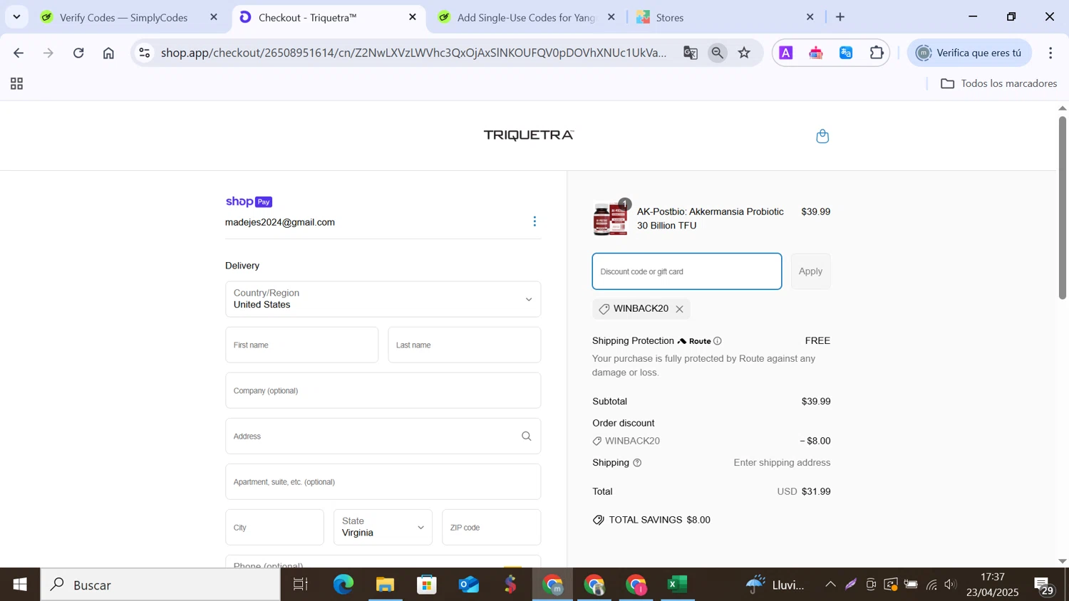 Triquetra Health discount code screenshot showing code WINBACK20 applied at Triquetra Health checkout page. Uploaded by SimplyCodes community member MANUELURBINA on Apr 23, 2025