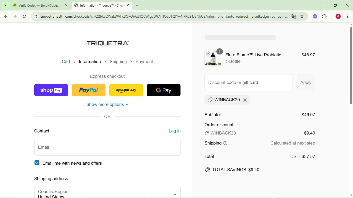 Triquetra Health discount code screenshot showing code WINBACK20 applied at Triquetra Health checkout page. Uploaded by SimplyCodes community member CrownFinder3074 on May 1, 2025