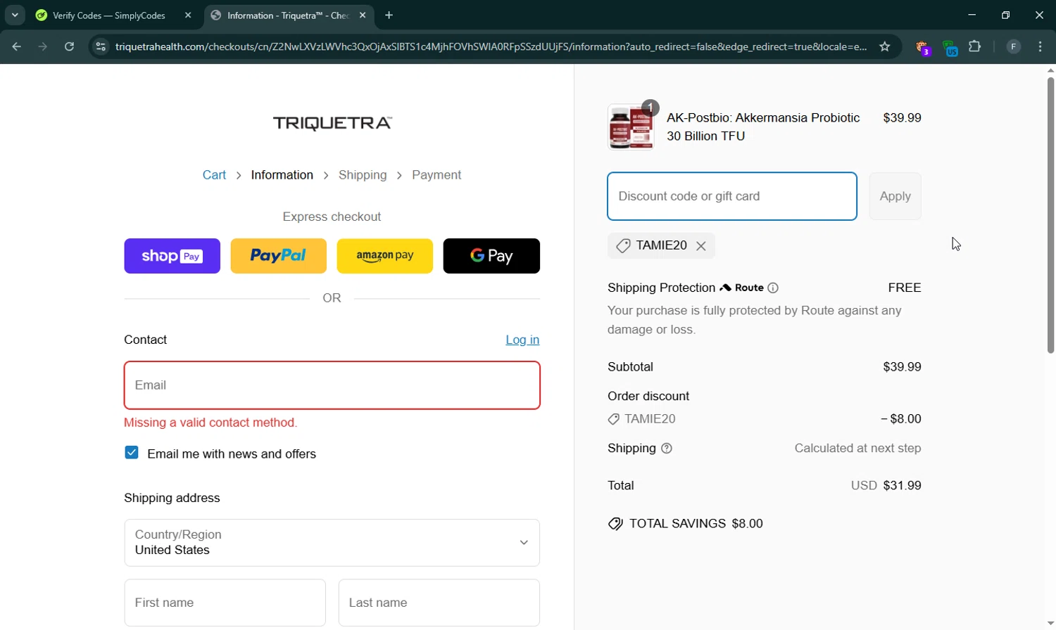 Triquetra Health discount code screenshot showing code TAMIE20 applied at Triquetra Health checkout page. Uploaded by SimplyCodes community member RewardLion6202 on Mar 20, 2025