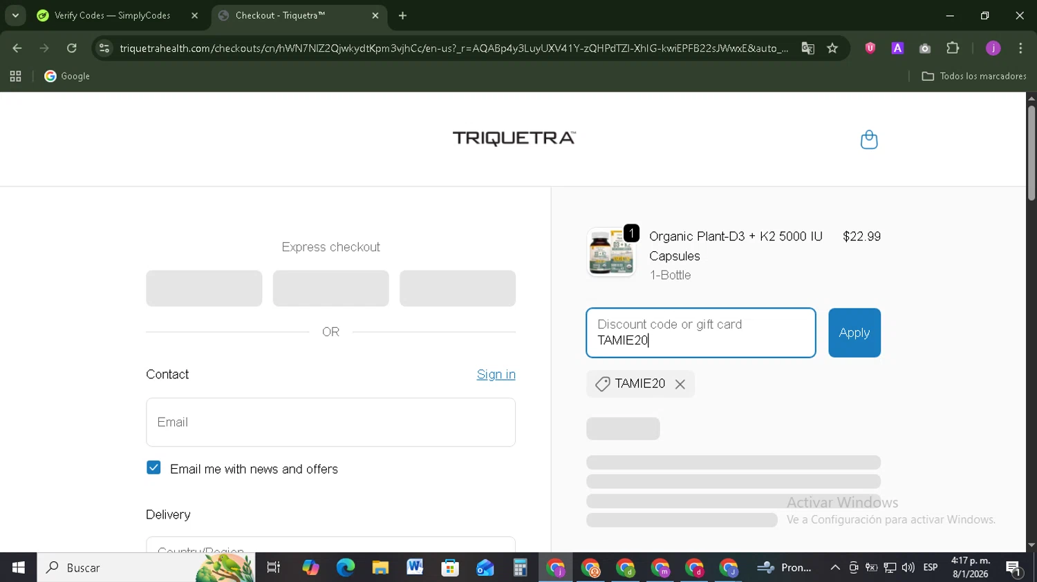 Triquetra Health discount code screenshot showing code TAMIE20 applied at Triquetra Health checkout page. Uploaded by SimplyCodes community member Tazbravo on Jan 8, 2026
