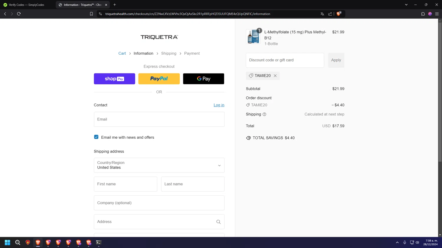 Triquetra Health discount code screenshot showing code TAMIE20 applied at Triquetra Health checkout page. Uploaded by SimplyCodes community member TOKIOBOT on Dec 28, 2024