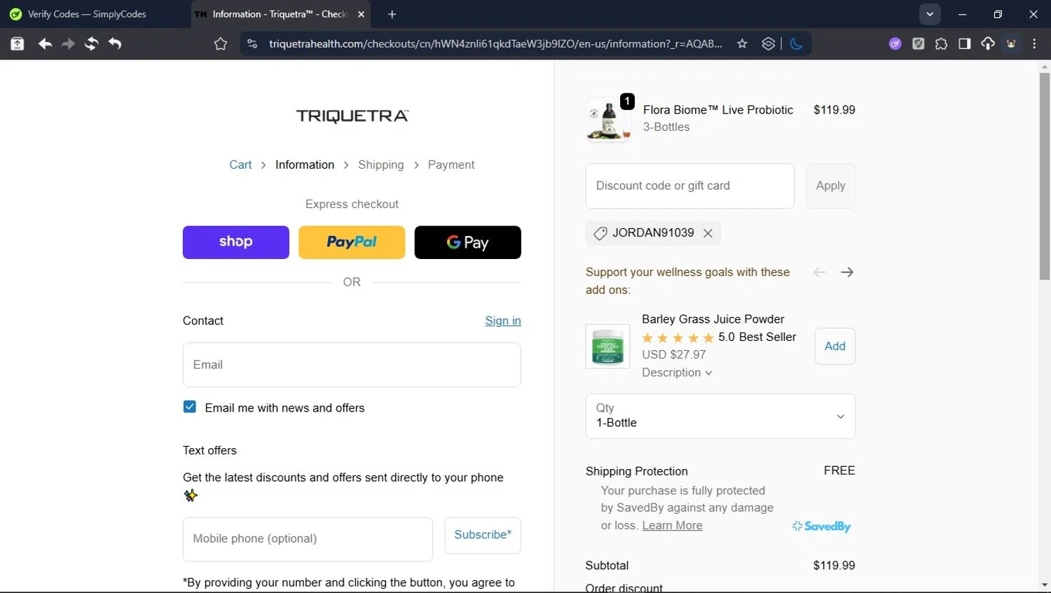Triquetra Health discount code screenshot showing code JORDAN91039 applied at Triquetra Health checkout page. Uploaded by SimplyCodes community member PromoSpotter1784 on Nov 6, 2025