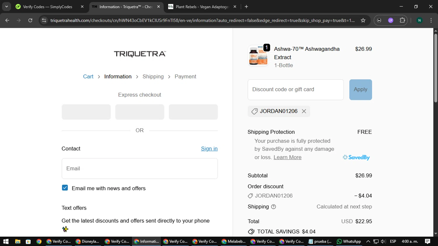 Triquetra Health discount code screenshot showing code JORDAN01206 applied at Triquetra Health checkout page. Uploaded by SimplyCodes community member nataaokiiii on Oct 13, 2025