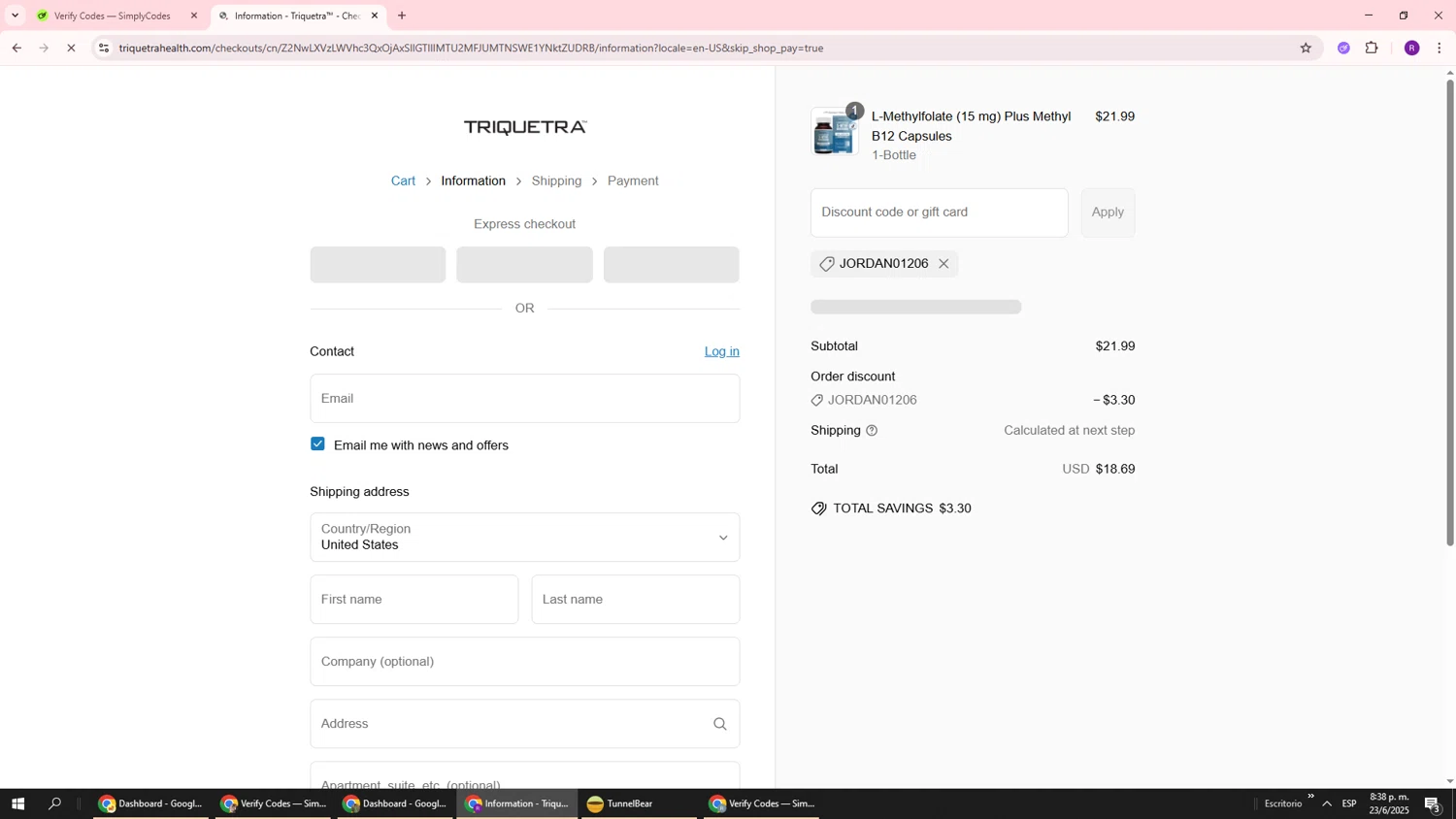 Triquetra Health discount code screenshot showing code JORDAN01206 applied at Triquetra Health checkout page. Uploaded by SimplyCodes community member ukemochi on Jun 24, 2025