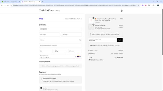 Trish McEvoy checkout page showing Trish McEvoy coupon code box | Screenshot taken by SimplyCodes community member on Aug 31, 2025