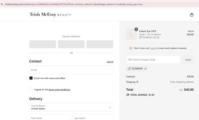 Trish McEvoy checkout page showing Trish McEvoy coupon code box | Screenshot taken by SimplyCodes community member on Sep 8, 2025