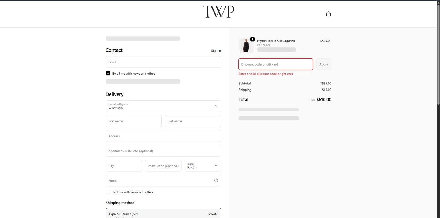 TWP Clothing discount code screenshot showing code EXTRA15 applied at TWP Clothing checkout page. Uploaded by SimplyCodes community member GloriousCollector3551 on Oct 23, 2025