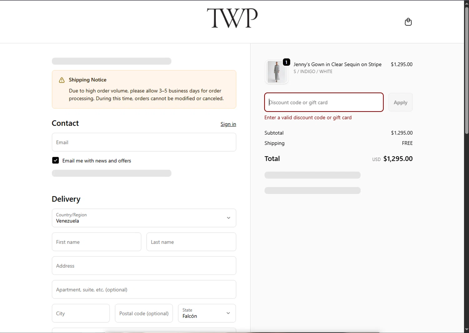 TWP Clothing discount code screenshot showing code NY2020 applied at TWP Clothing checkout page. Uploaded by SimplyCodes community member SalePhoenix2220 on Nov 24, 2025