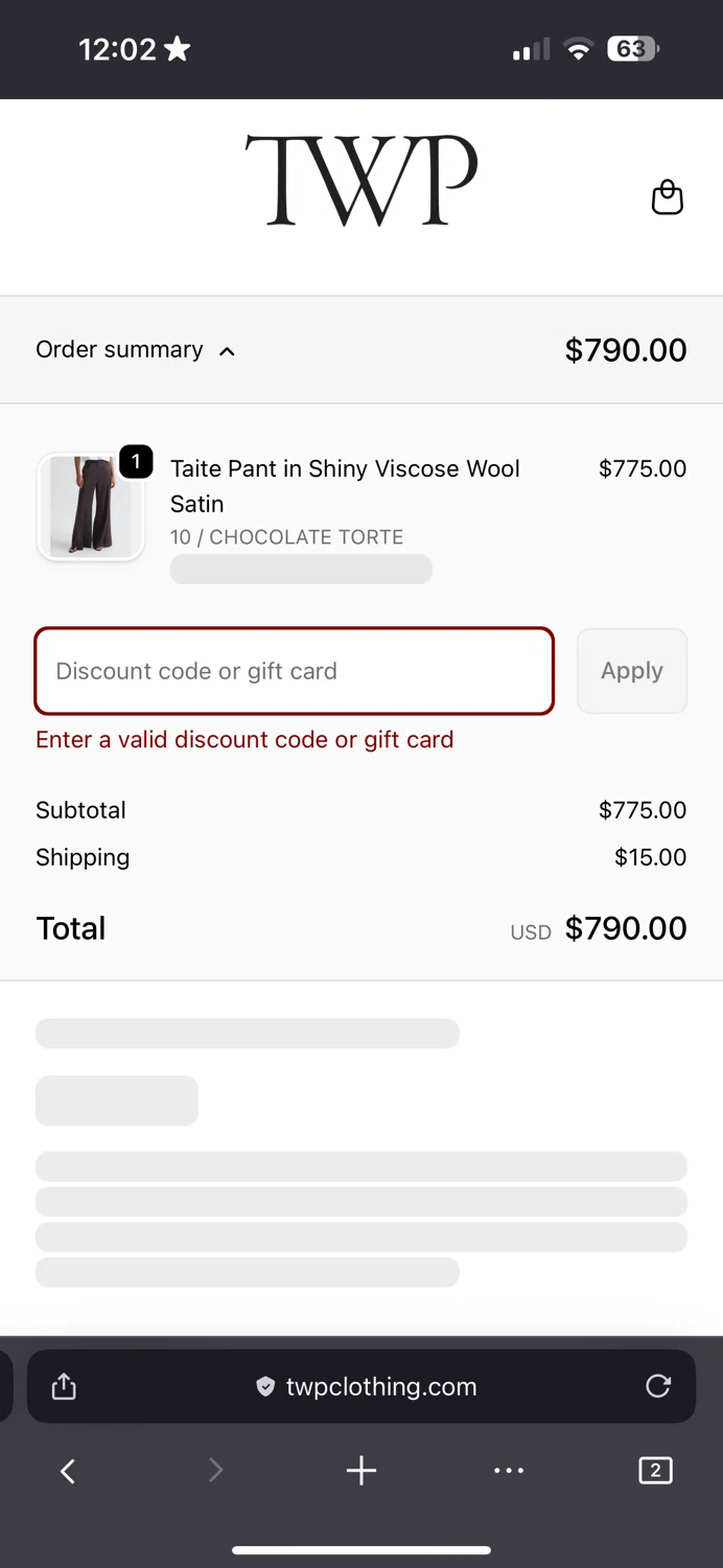 TWP Clothing discount code screenshot showing code extra30 applied at TWP Clothing checkout page. Uploaded by SimplyCodes community member DiscountSleuth2229 on Nov 24, 2025