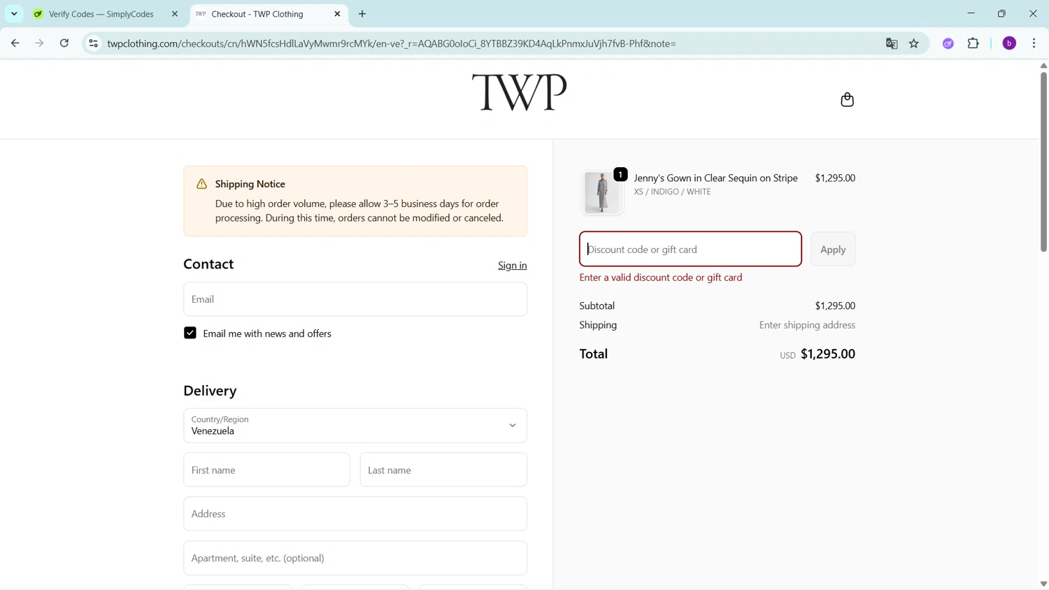 TWP Clothing discount code screenshot showing code extra30 applied at TWP Clothing checkout page. Uploaded by SimplyCodes community member RoyalSleuth2430 on Nov 24, 2025