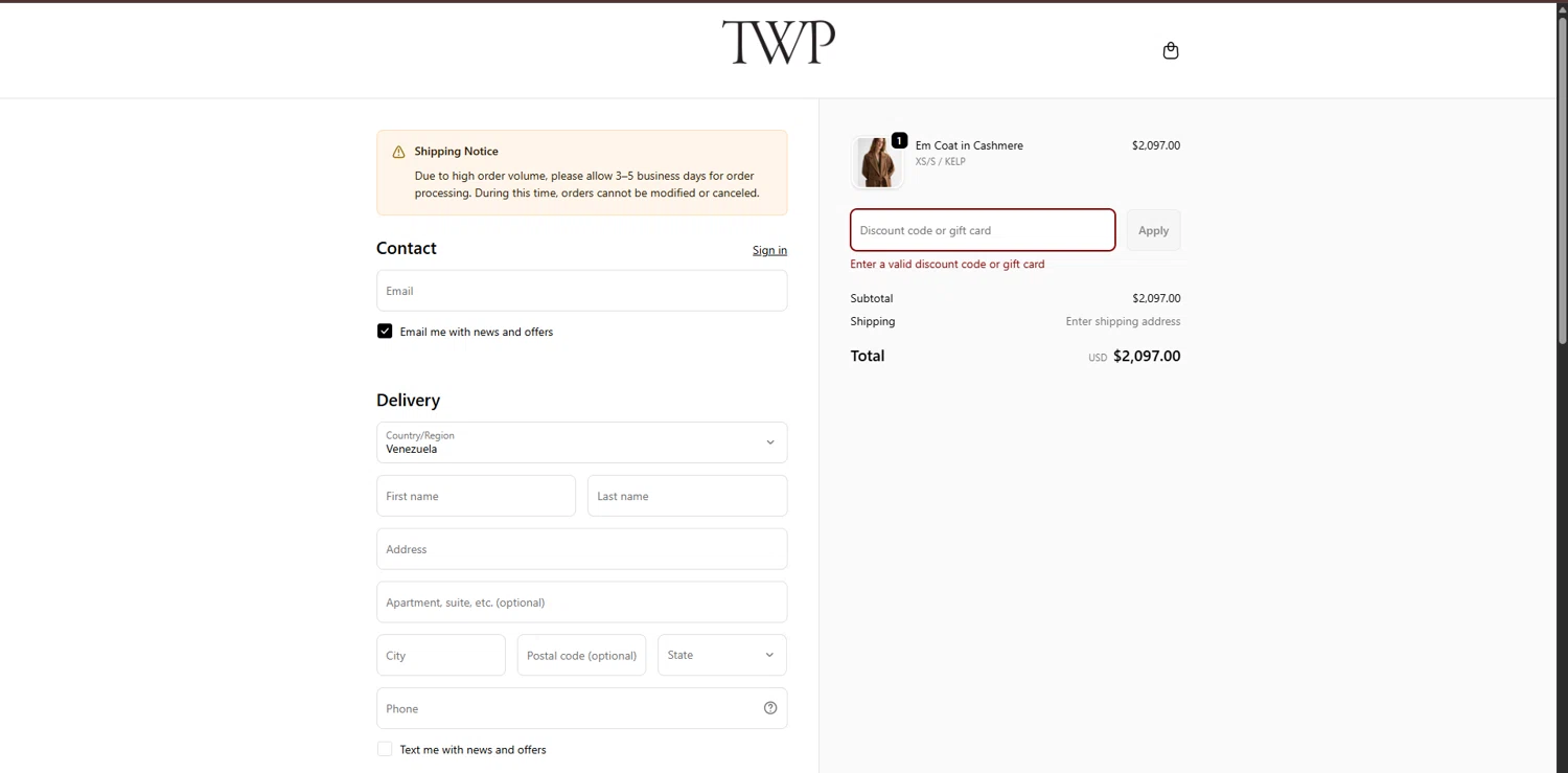 TWP Clothing discount code screenshot showing code extra30 applied at TWP Clothing checkout page. Uploaded by SimplyCodes community member ValueGenius9720 on Nov 24, 2025