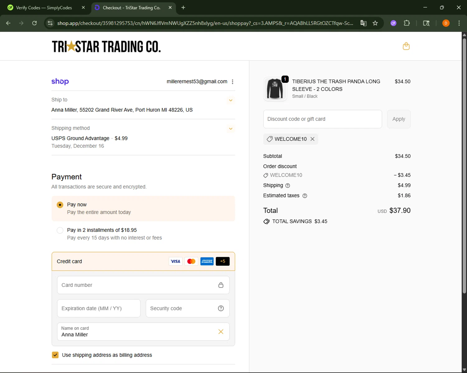 TriStar Trading Co. promo code screenshot showing code WELCOME10 applied at TriStar Trading Co. checkout page. Uploaded by SimplyCodes community member FrugalFalcon351 on Dec 11, 2025