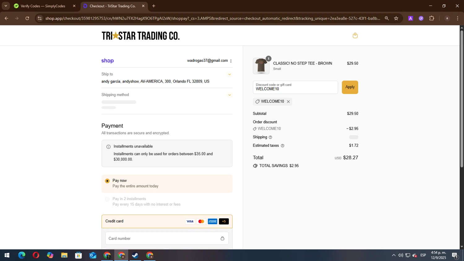 TriStar Trading Co. promo code screenshot showing code WELCOME10 applied at TriStar Trading Co. checkout page. Uploaded by SimplyCodes community member lisandro on Sep 12, 2025