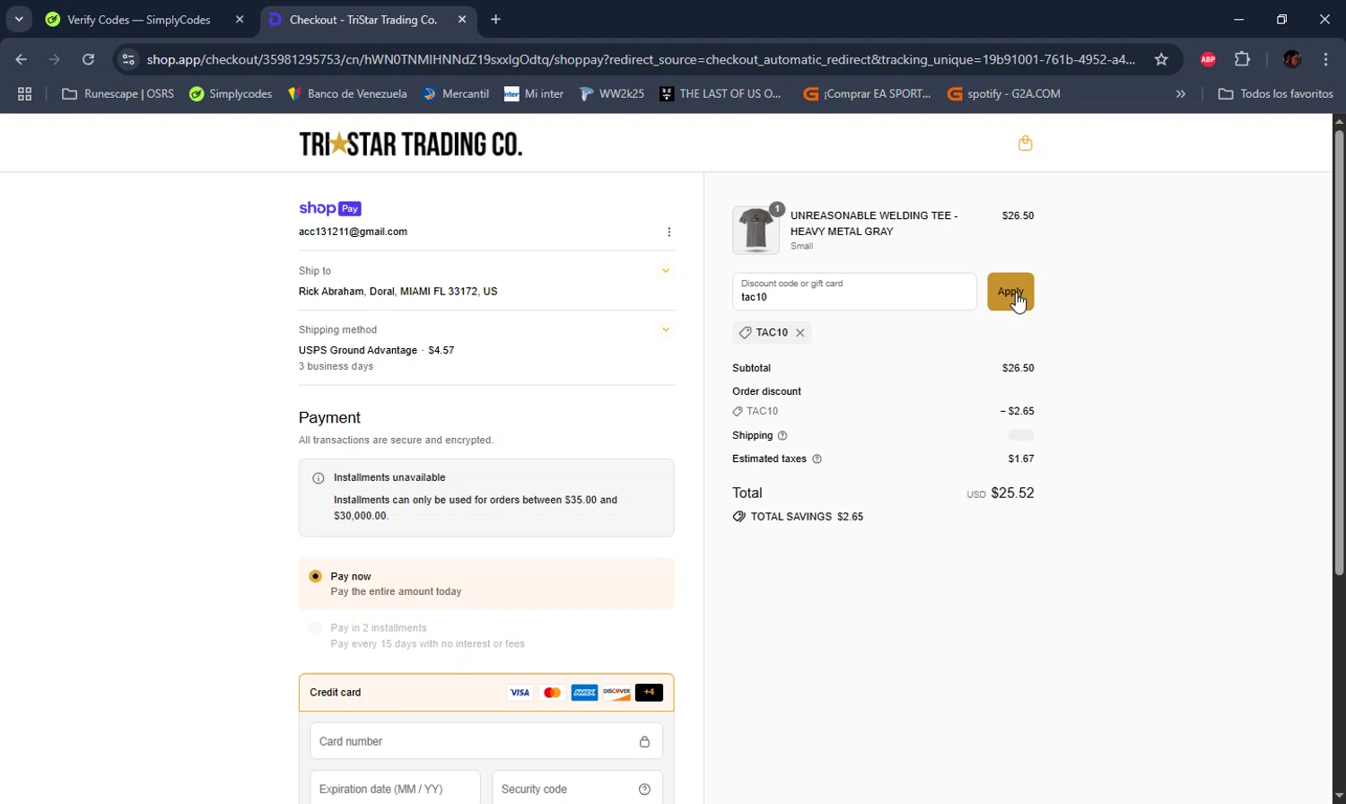 TriStar Trading Co. promo code screenshot showing code tac10 applied at TriStar Trading Co. checkout page. Uploaded by SimplyCodes community member DealEagle493 on Jul 10, 2025