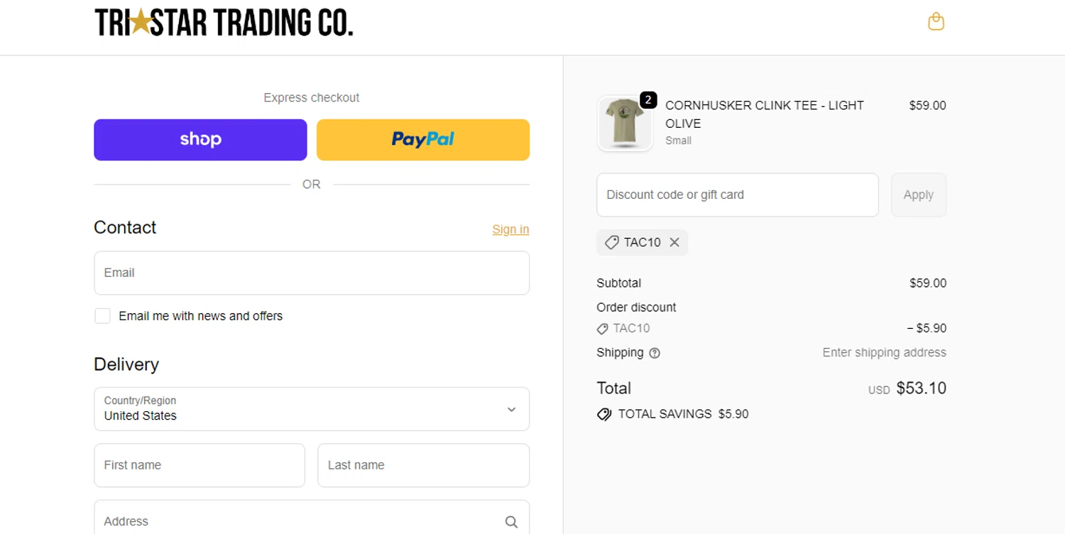 TriStar Trading Co. promo code screenshot showing code tac10 applied at TriStar Trading Co. checkout page. Uploaded by SimplyCodes community member RebateAdmiral6687 on Oct 11, 2025