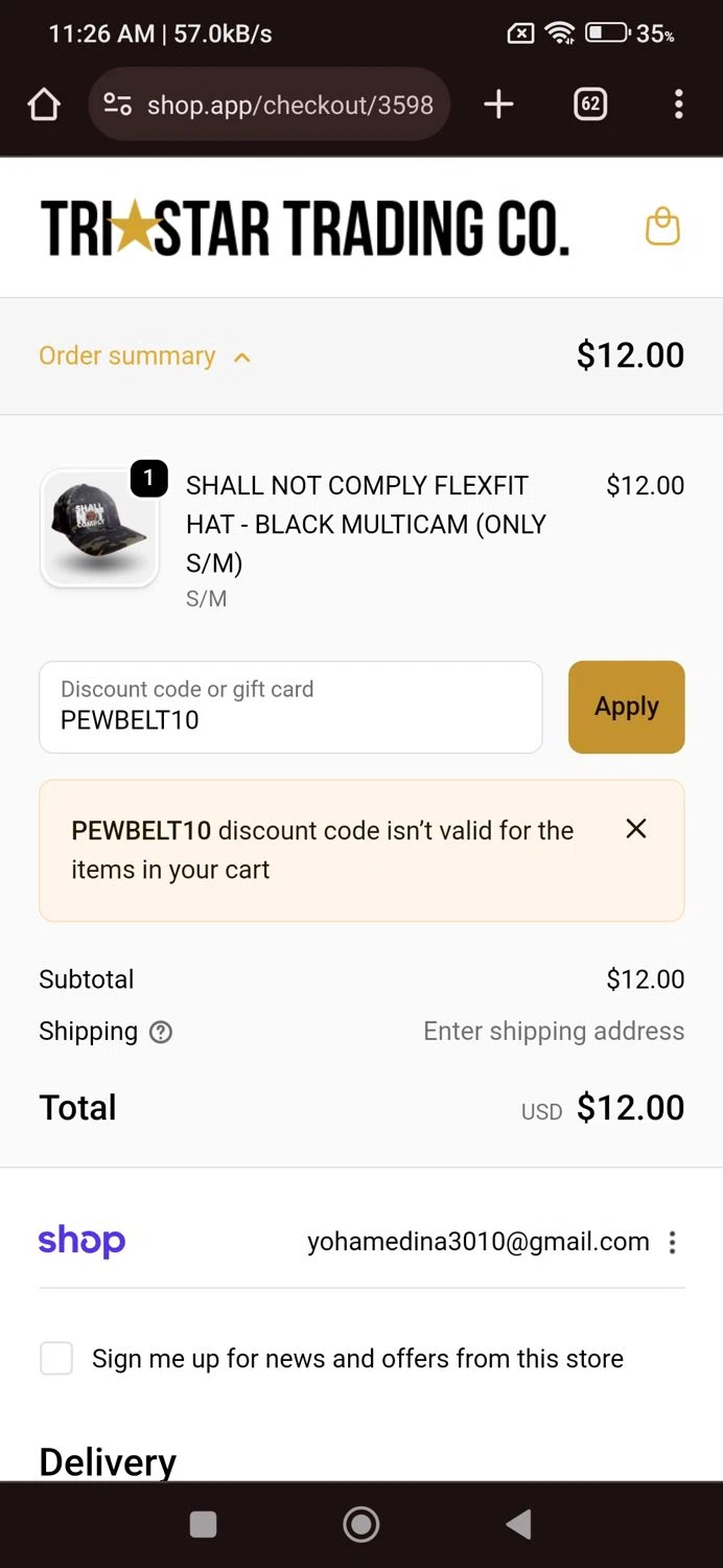 TriStar Trading Co. promo code screenshot showing code PEWBELT10 applied at TriStar Trading Co. checkout page. Uploaded by SimplyCodes community member ArgyArgy on Nov 20, 2025