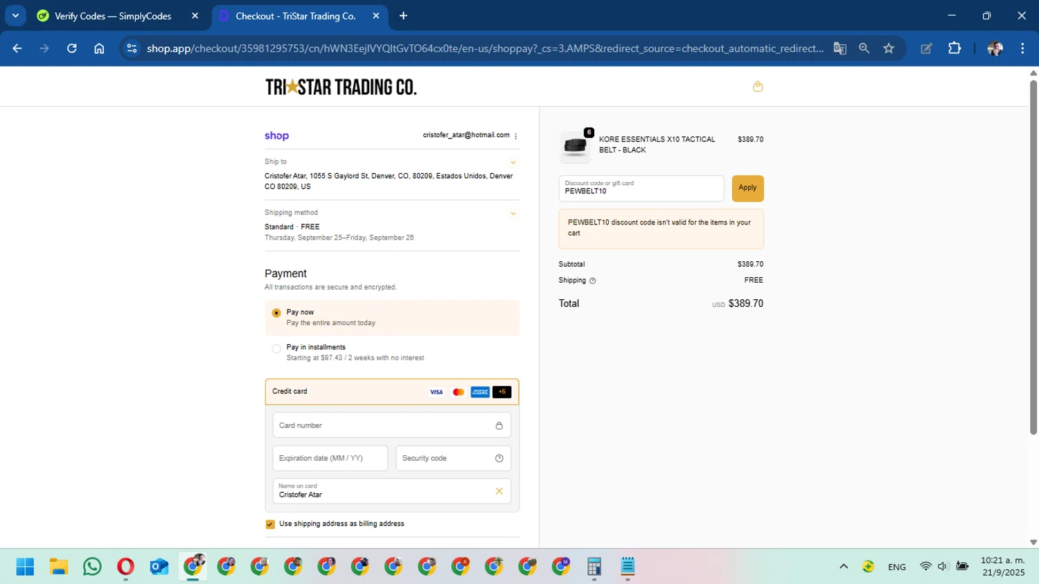TriStar Trading Co. promo code screenshot showing code PEWBELT10 applied at TriStar Trading Co. checkout page. Uploaded by SimplyCodes community member DavidMGF on Sep 21, 2025