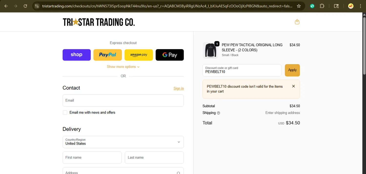 TriStar Trading Co. promo code screenshot showing code PEWBELT10 applied at TriStar Trading Co. checkout page. Uploaded by SimplyCodes community member giselmarstephanny on Nov 10, 2025