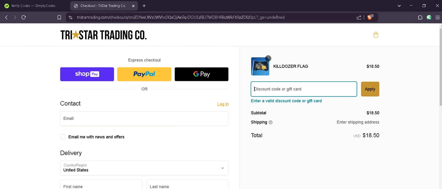 TriStar Trading Co. promo code screenshot showing code BOGOFLAG applied at TriStar Trading Co. checkout page. Uploaded by SimplyCodes community member Estefani4 on Jan 24, 2025