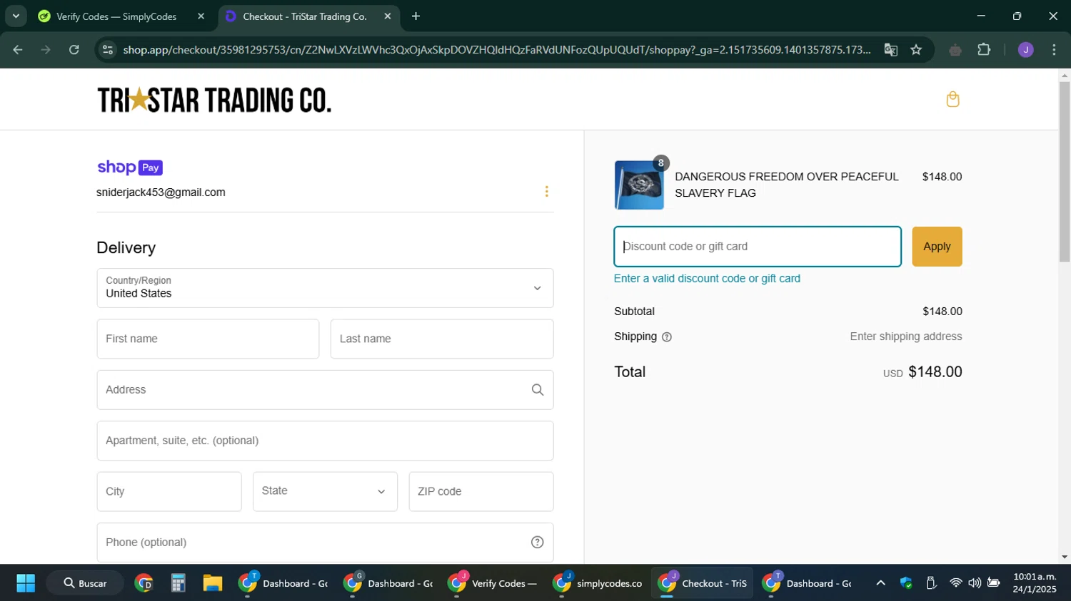 TriStar Trading Co. promo code screenshot showing code BOGOFLAG applied at TriStar Trading Co. checkout page. Uploaded by SimplyCodes community member sniderjack453 on Jan 24, 2025