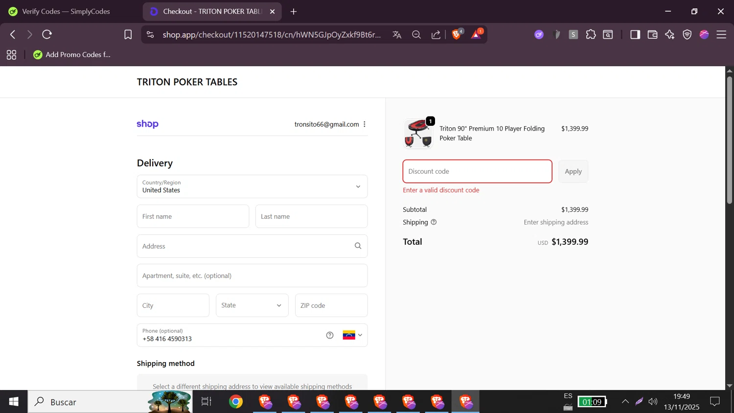 Triton Poker Tables promo code screenshot showing code RAISE5 applied at Triton Poker Tables checkout page. Uploaded by SimplyCodes community member CleverVirtuoso1492 on Nov 13, 2025