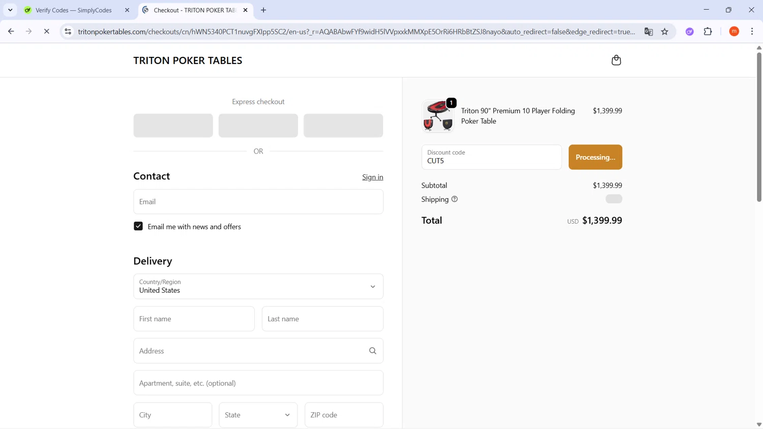 Triton Poker Tables promo code screenshot showing code CUT5 applied at Triton Poker Tables checkout page. Uploaded by SimplyCodes community member PromoMonarch895 on Nov 8, 2025